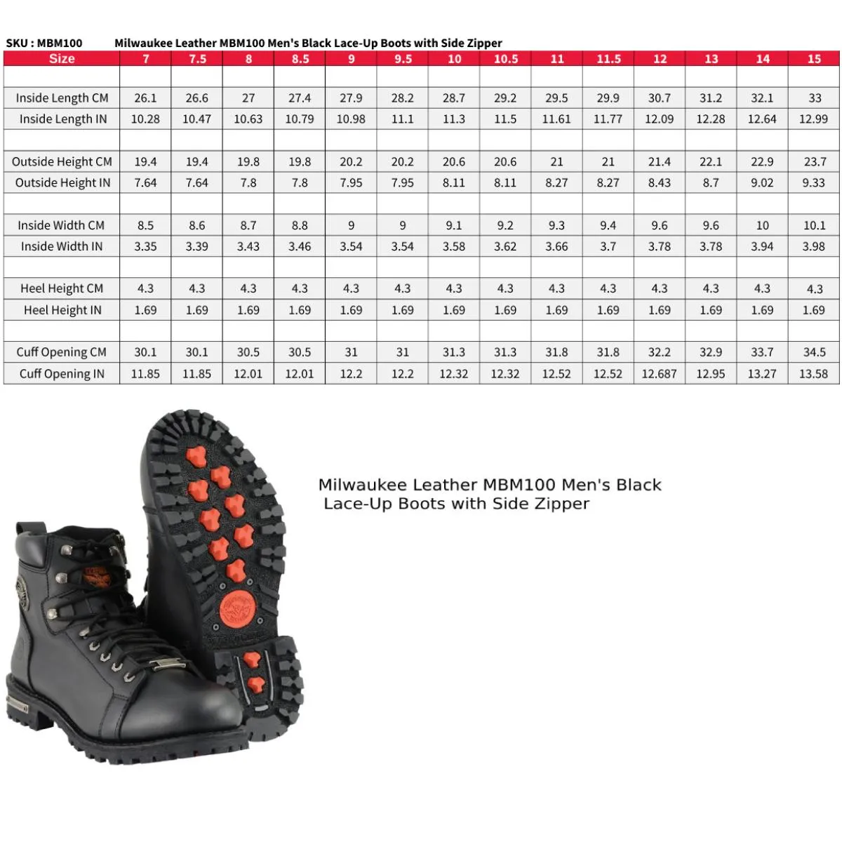 MBM100 Men's Black Leather Lace-Up Motorcycle Boots with Side Zipper