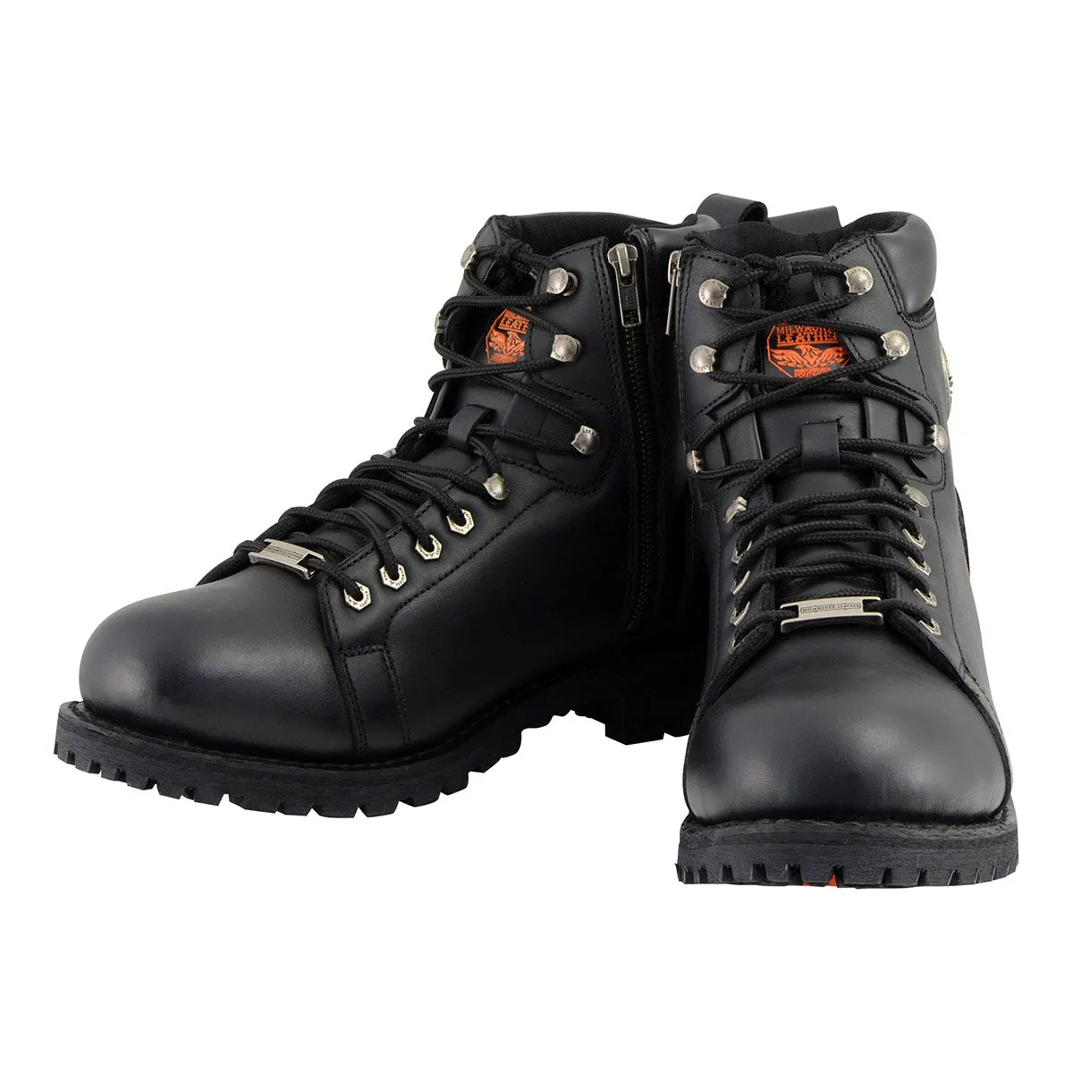 MBM100 Men's Black Leather Lace-Up Motorcycle Boots with Side Zipper