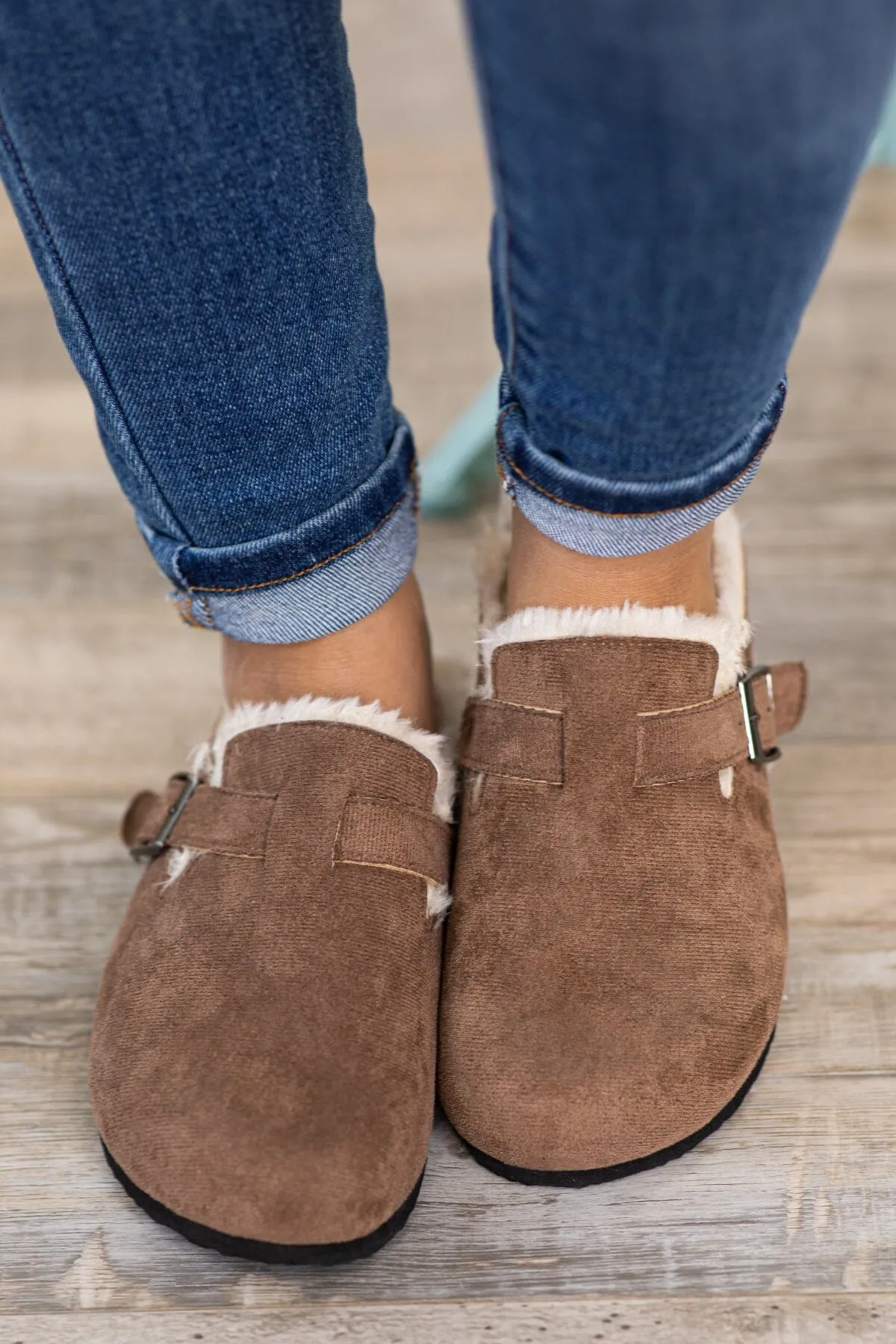 Mocha Faux Fur Lined Slip On Clogs