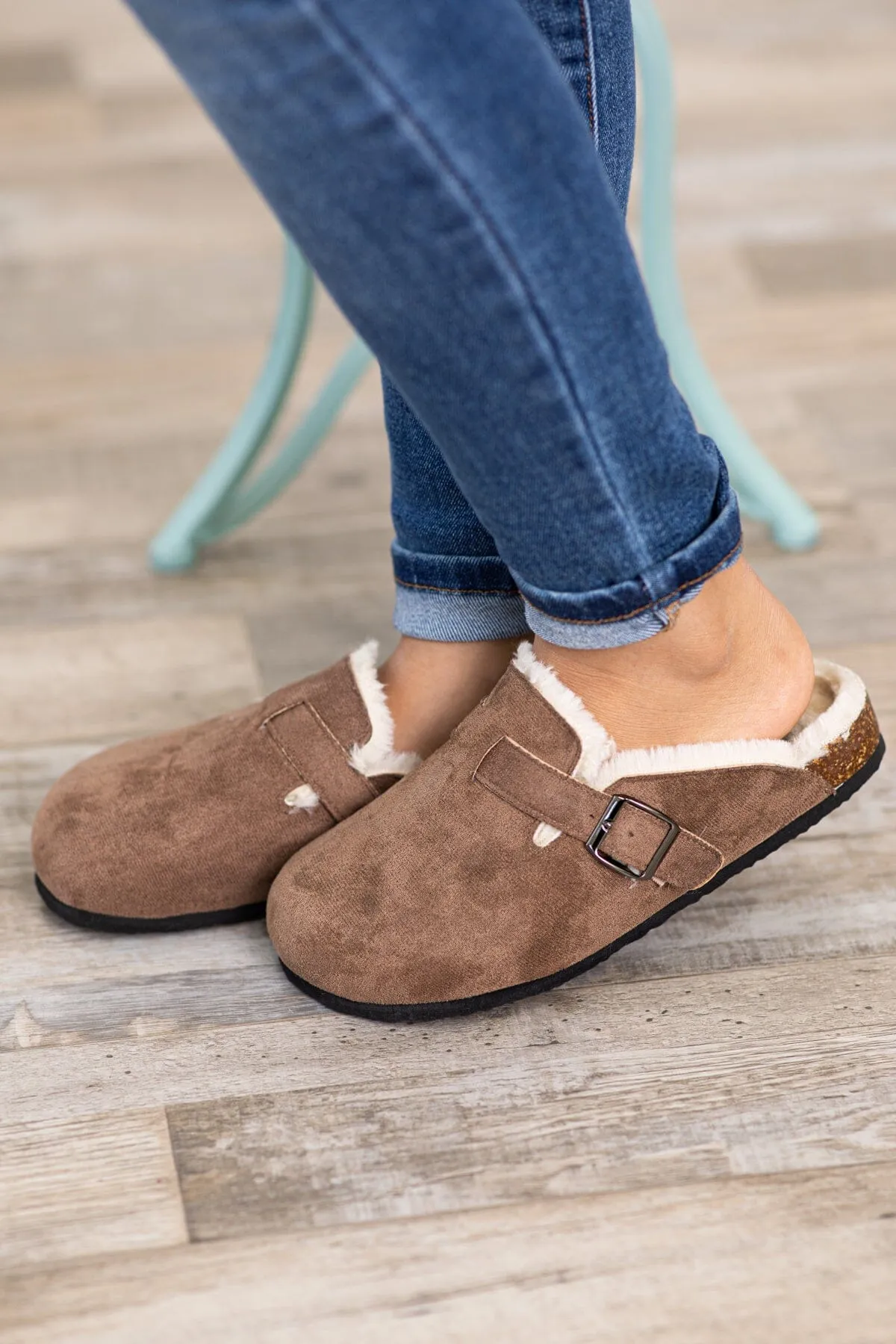 Mocha Faux Fur Lined Slip On Clogs