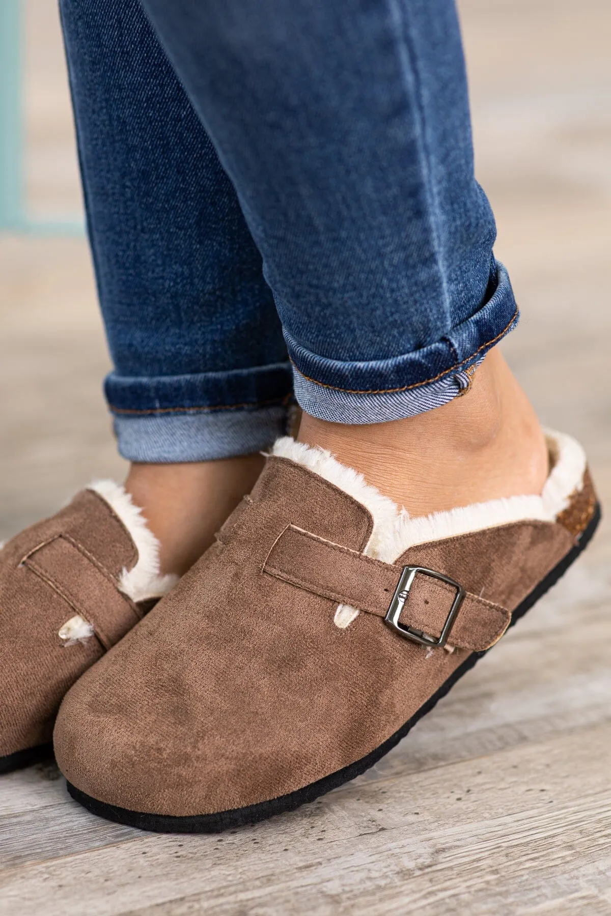 Mocha Faux Fur Lined Slip On Clogs