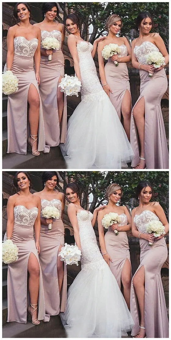 Modern Sweetheart Floor-length Lace Top Sexy High Slip Blush Pink Bridesmaid Dress, BD0489