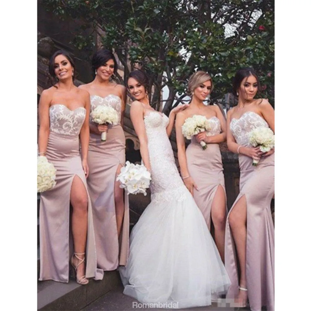Modern Sweetheart Floor-length Lace Top Sexy High Slip Blush Pink Bridesmaid Dress, BD0489