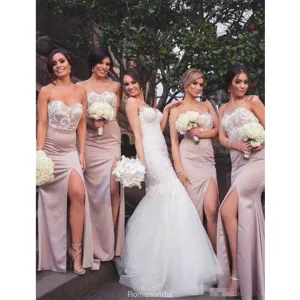 Modern Sweetheart Floor-length Lace Top Sexy High Slip Blush Pink Bridesmaid Dress, BD0489