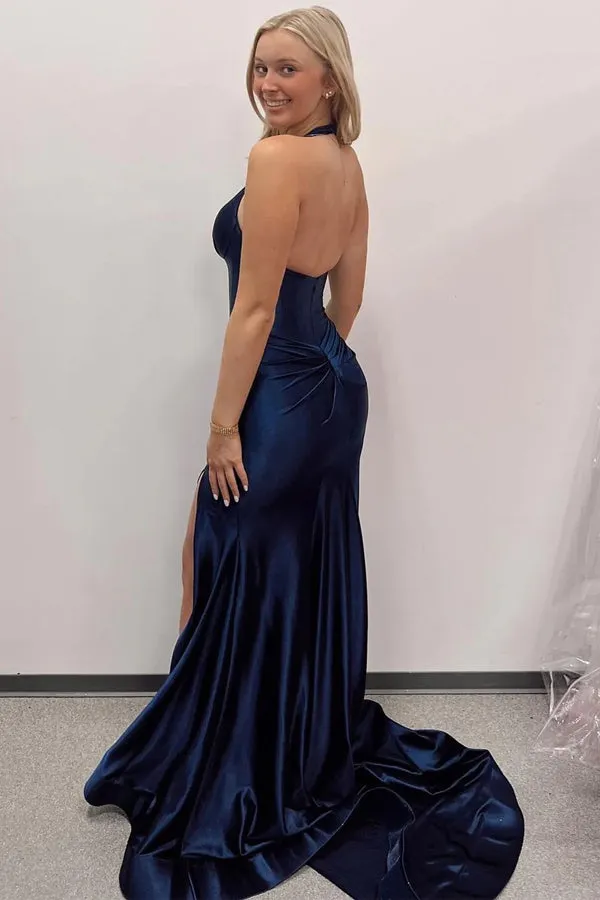 Navy Blue Halter Mermaid Long Prom Dress with Slit TP1283