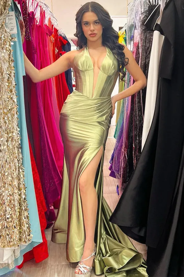 Navy Blue Halter Mermaid Long Prom Dress with Slit TP1283