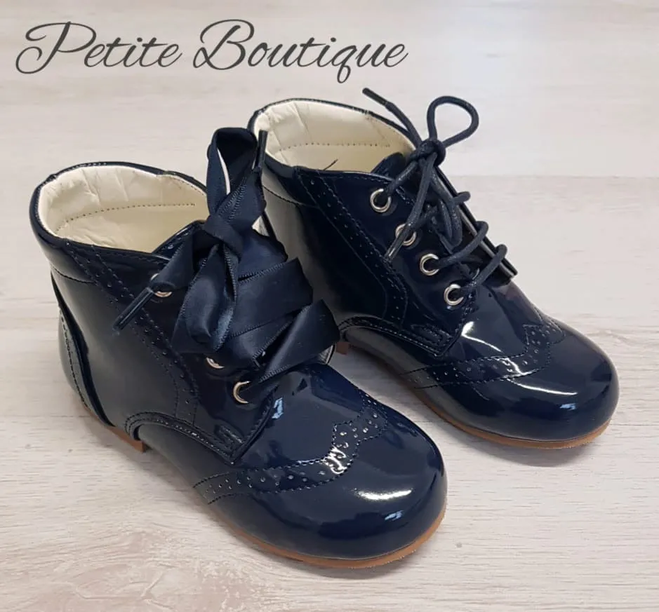 Navy patent lace boots