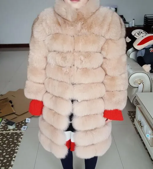 New Brand Winter Real Blue Fox Fur Coat Thick Warm Imitation Of Sables Women's Light Brown Long Jacket The fox fur Coat
