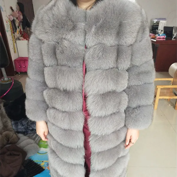 New Brand Winter Real Blue Fox Fur Coat Thick Warm Imitation Of Sables Women's Light Brown Long Jacket The fox fur Coat