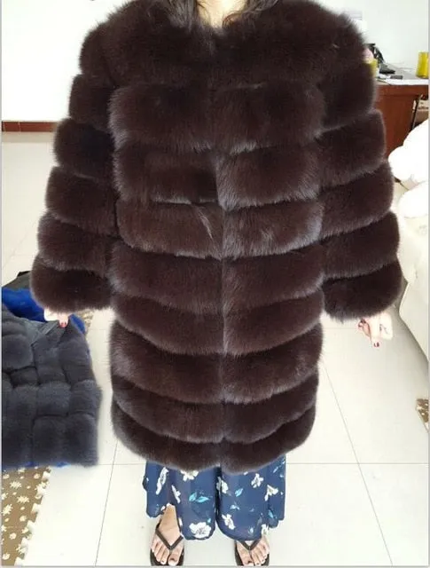 New Brand Winter Real Blue Fox Fur Coat Thick Warm Imitation Of Sables Women's Light Brown Long Jacket The fox fur Coat
