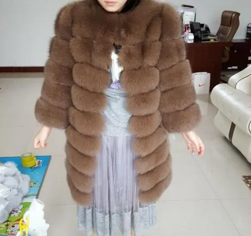 New Brand Winter Real Blue Fox Fur Coat Thick Warm Imitation Of Sables Women's Light Brown Long Jacket The fox fur Coat