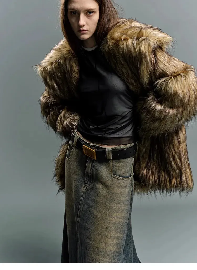Oversized Luxe Faux Fur Coat with Dramatic High Collar and Satin Lining for Ultimate Winter Warmth and Style Imitation Raccoon Fur
