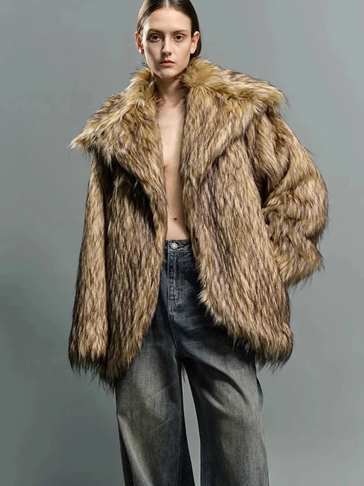 Oversized Luxe Faux Fur Coat with Dramatic High Collar and Satin Lining for Ultimate Winter Warmth and Style Imitation Raccoon Fur