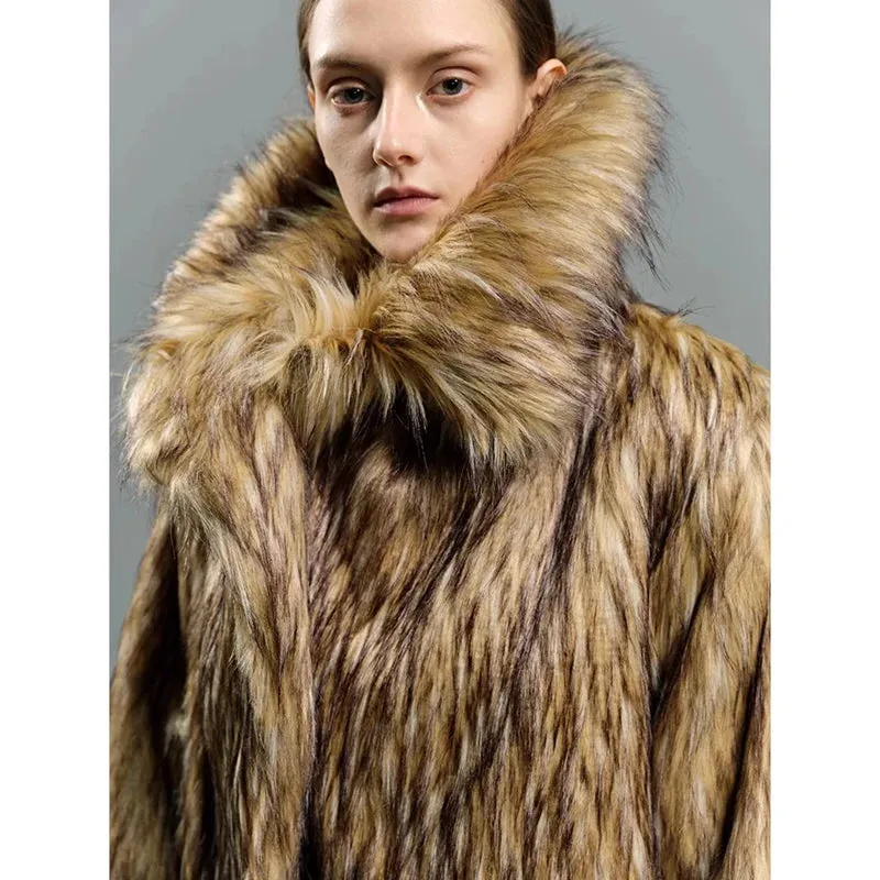 Oversized Luxe Faux Fur Coat with Dramatic High Collar and Satin Lining for Ultimate Winter Warmth and Style Imitation Raccoon Fur