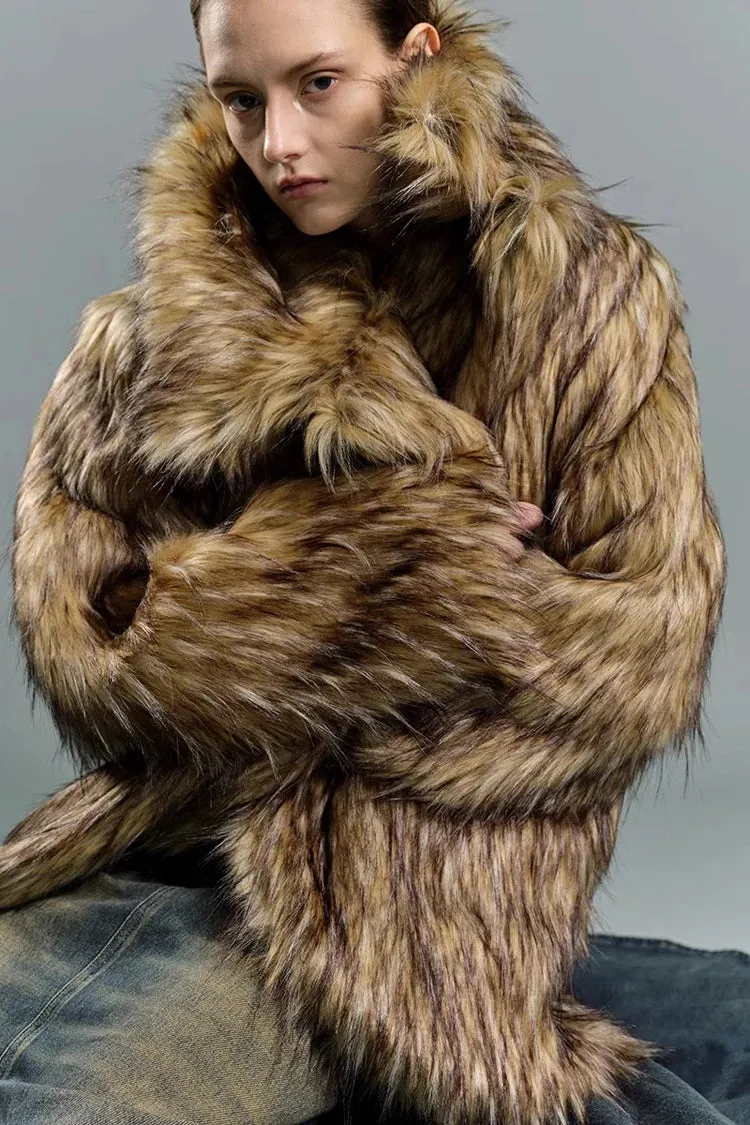Oversized Luxe Faux Fur Coat with Dramatic High Collar and Satin Lining for Ultimate Winter Warmth and Style Imitation Raccoon Fur