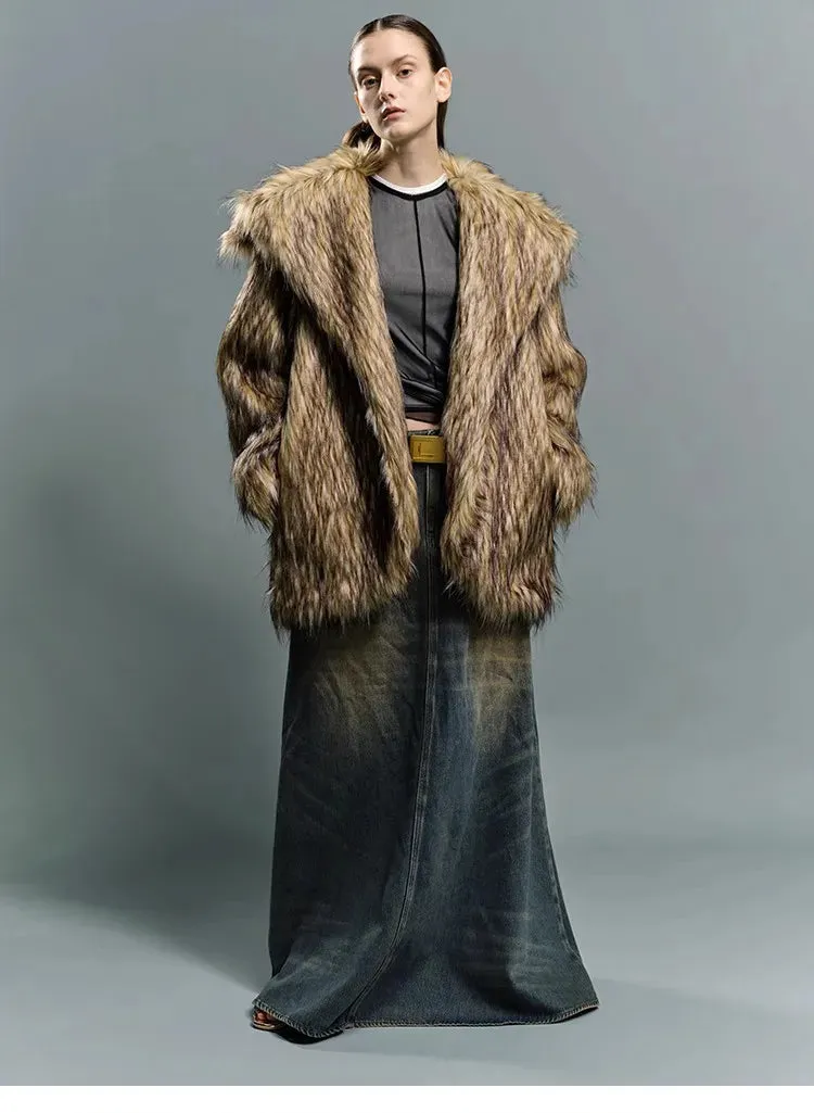 Oversized Luxe Faux Fur Coat with Dramatic High Collar and Satin Lining for Ultimate Winter Warmth and Style Imitation Raccoon Fur