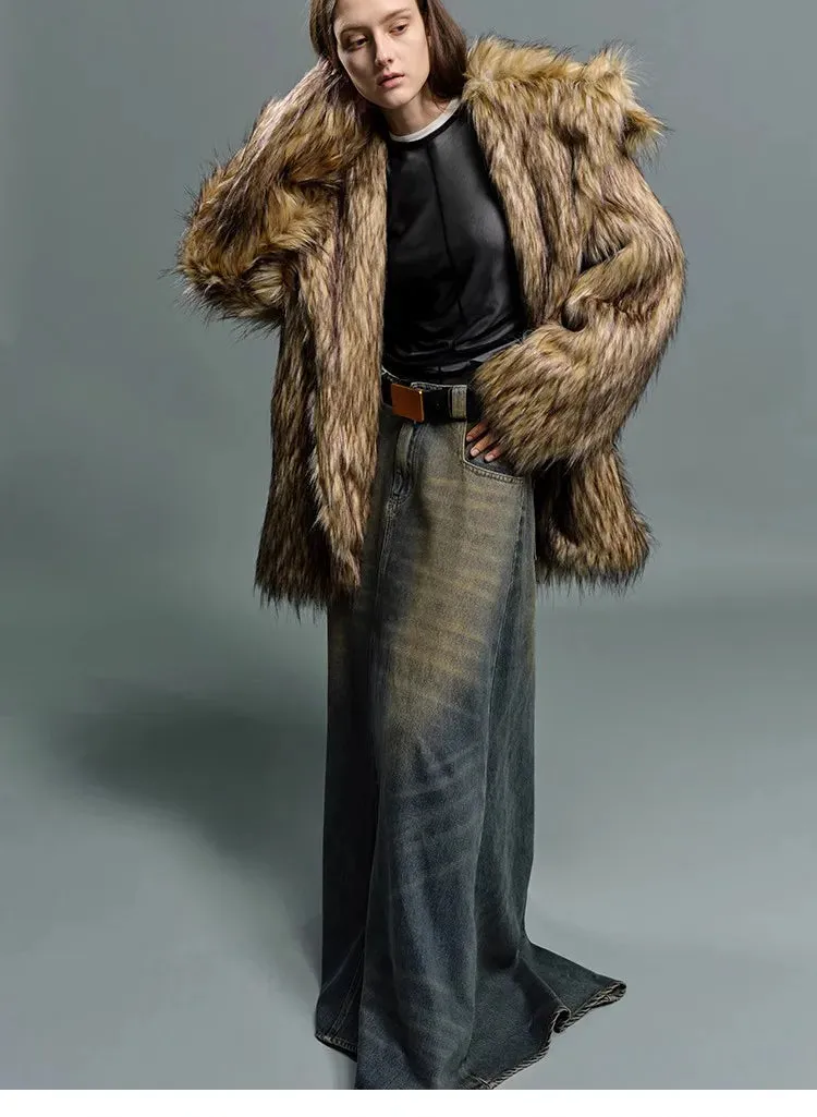 Oversized Luxe Faux Fur Coat with Dramatic High Collar and Satin Lining for Ultimate Winter Warmth and Style Imitation Raccoon Fur