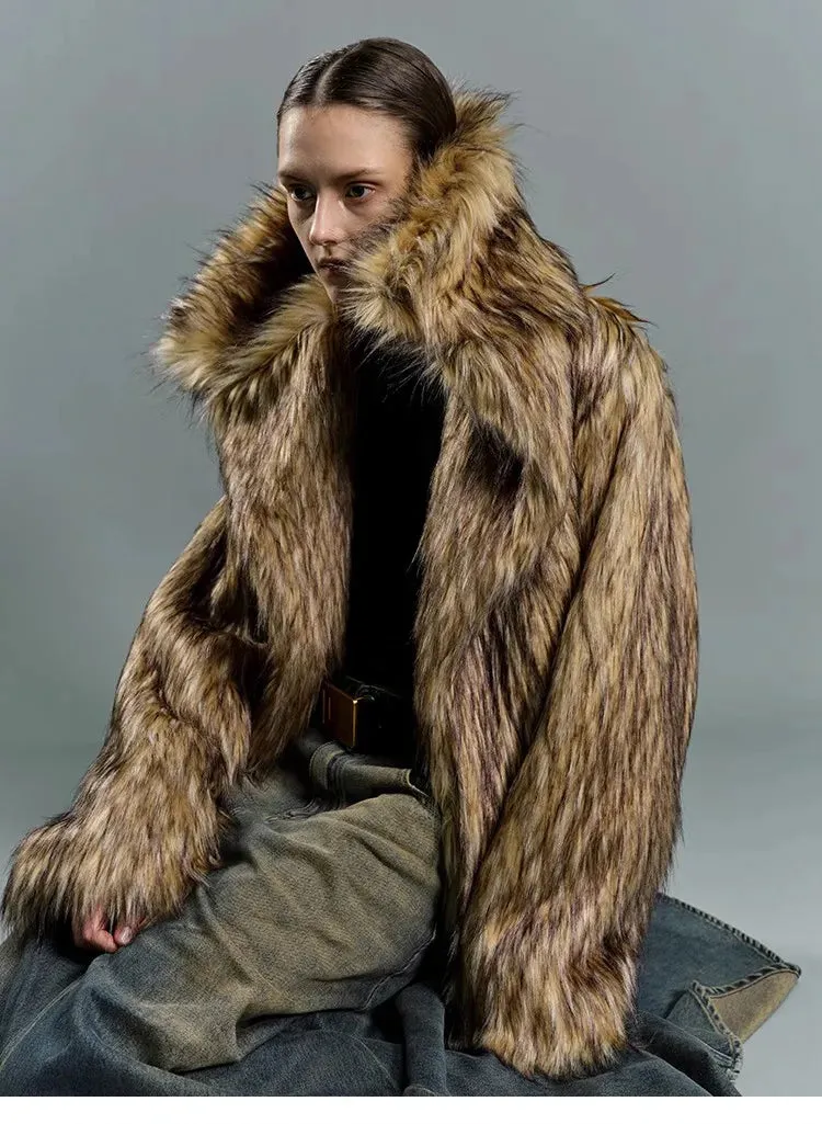 Oversized Luxe Faux Fur Coat with Dramatic High Collar and Satin Lining for Ultimate Winter Warmth and Style Imitation Raccoon Fur
