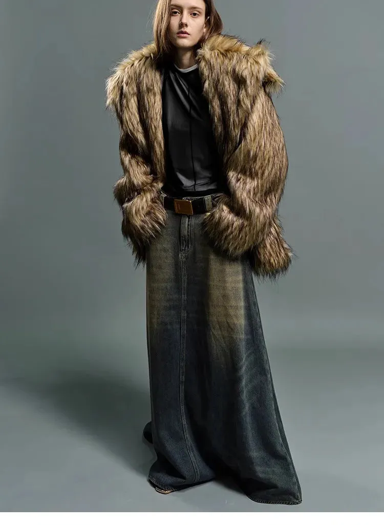 Oversized Luxe Faux Fur Coat with Dramatic High Collar and Satin Lining for Ultimate Winter Warmth and Style Imitation Raccoon Fur
