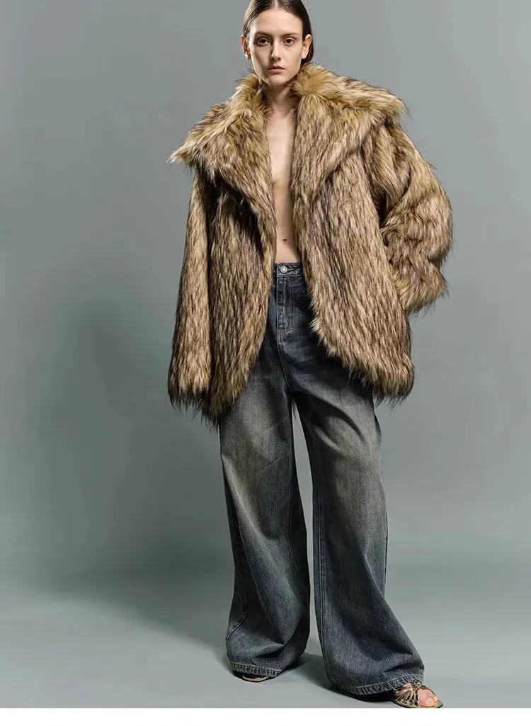 Oversized Luxe Faux Fur Coat with Dramatic High Collar and Satin Lining for Ultimate Winter Warmth and Style Imitation Raccoon Fur