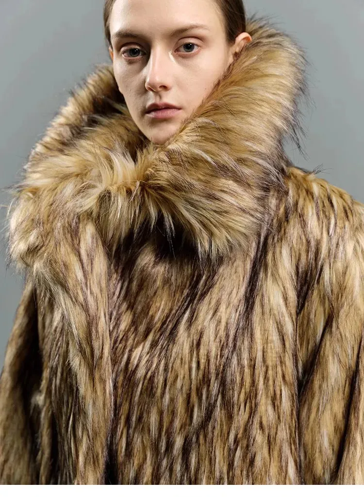 Oversized Luxe Faux Fur Coat with Dramatic High Collar and Satin Lining for Ultimate Winter Warmth and Style Imitation Raccoon Fur