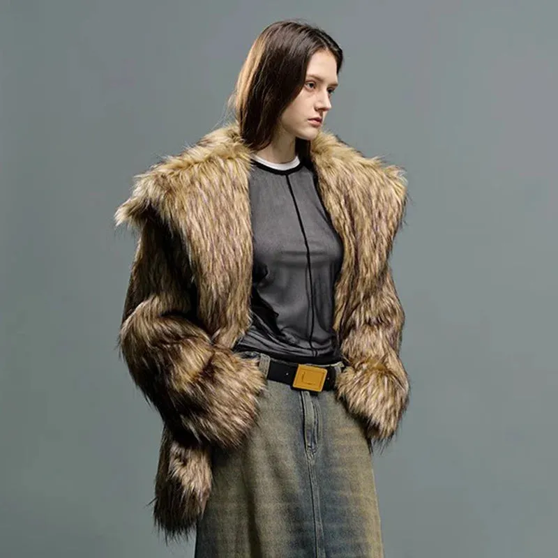 Oversized Luxe Faux Fur Coat with Dramatic High Collar and Satin Lining for Ultimate Winter Warmth and Style Imitation Raccoon Fur