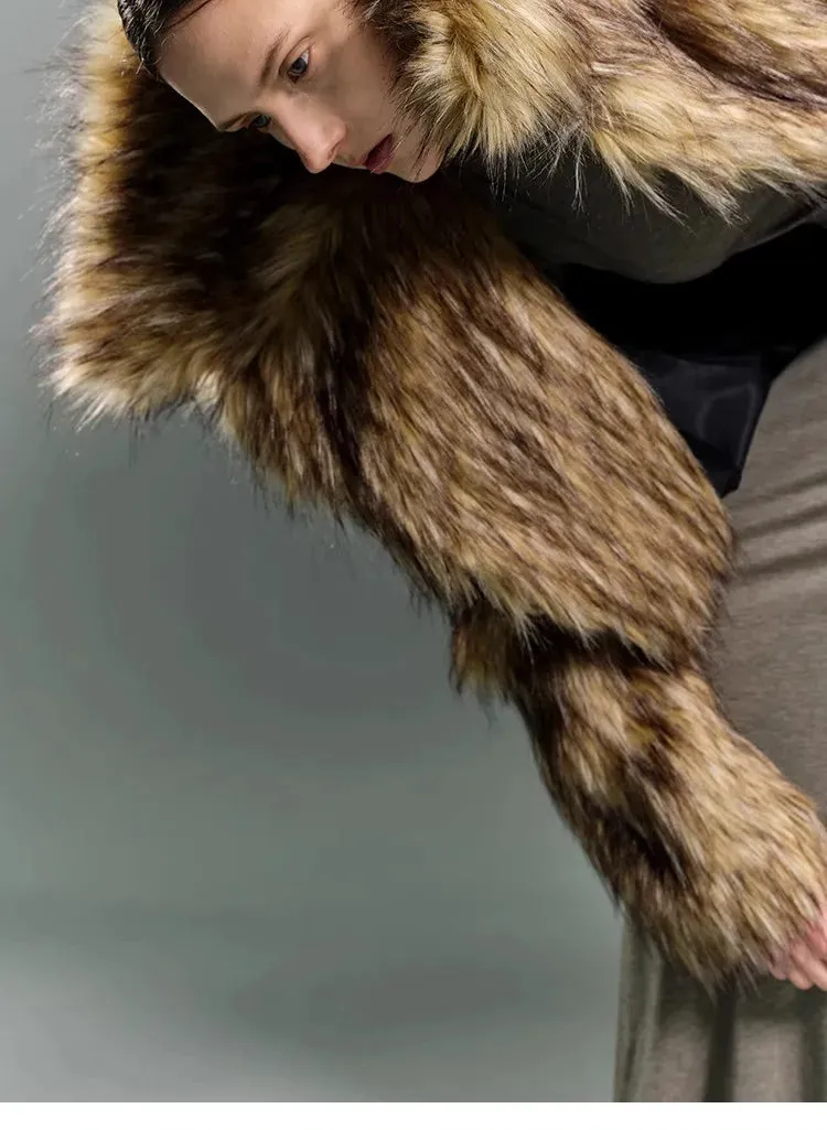Oversized Luxe Faux Fur Coat with Dramatic High Collar and Satin Lining for Ultimate Winter Warmth and Style Imitation Raccoon Fur