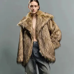 Oversized Luxe Faux Fur Coat with Dramatic High Collar and Satin Lining for Ultimate Winter Warmth and Style Imitation Raccoon Fur