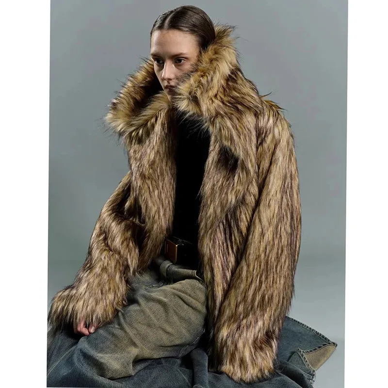 Oversized Luxe Faux Fur Coat with Dramatic High Collar and Satin Lining for Ultimate Winter Warmth and Style Imitation Raccoon Fur