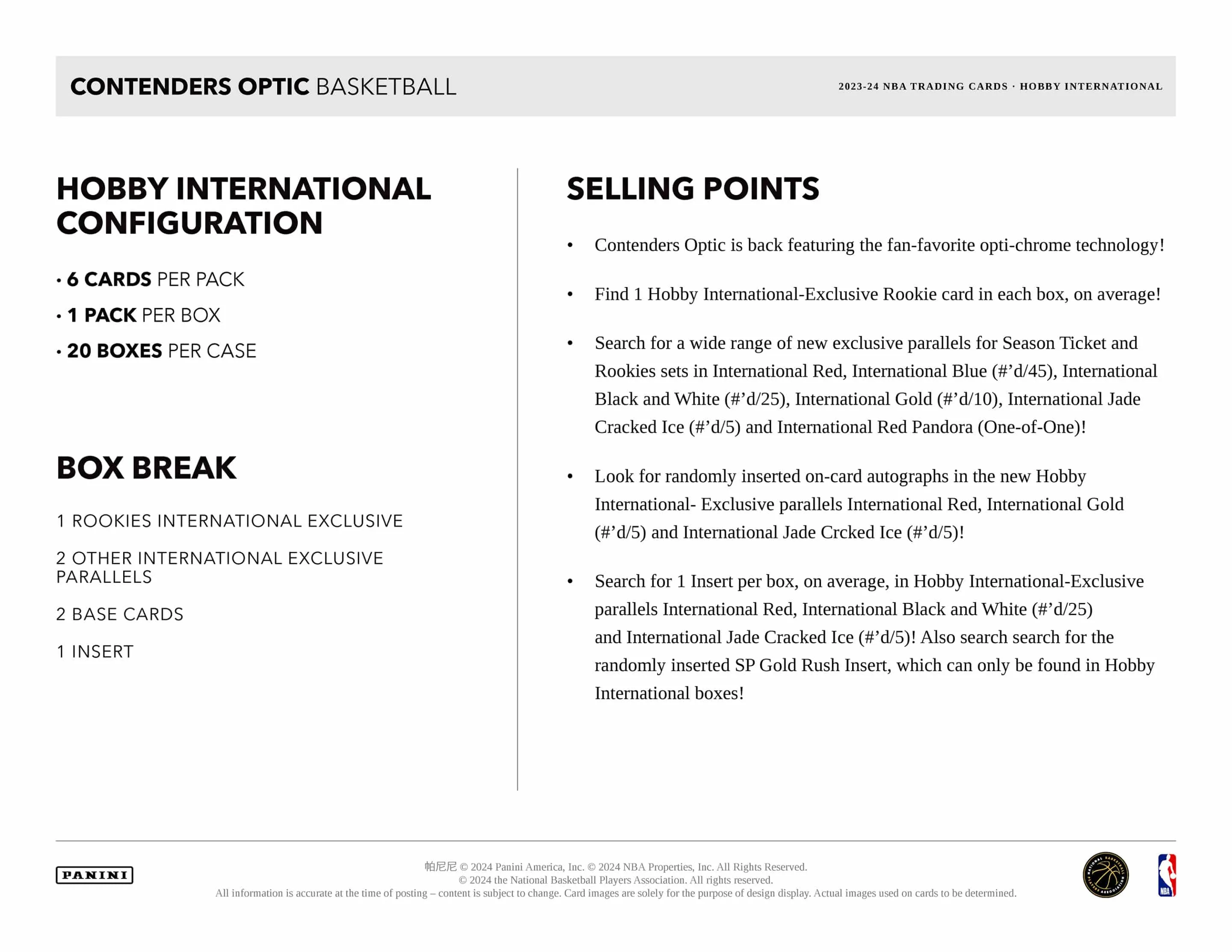 Panini Contenders Optic NBA Basketball 2023/24 - International Hobby Box