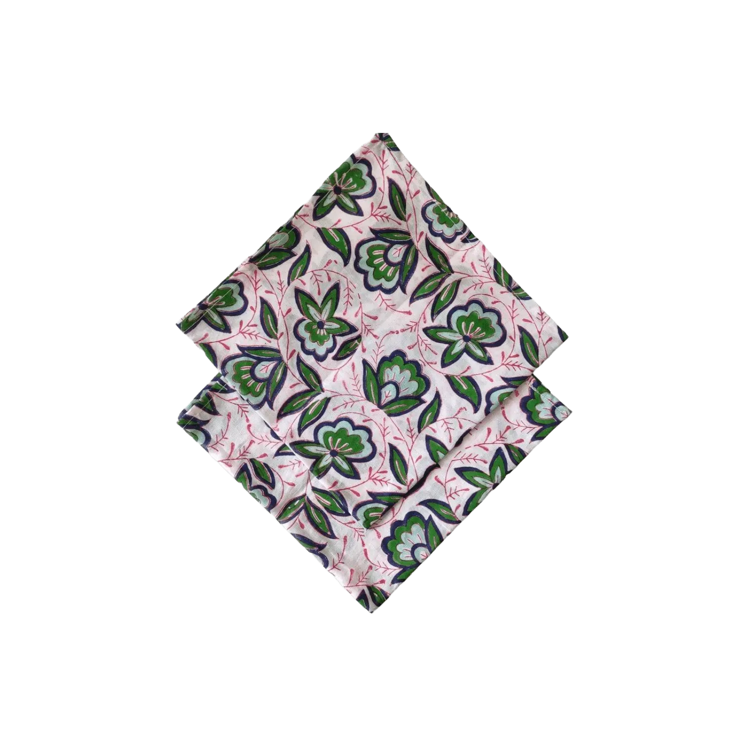 Pink and Green Floral Block Printed Cotton Napkins
