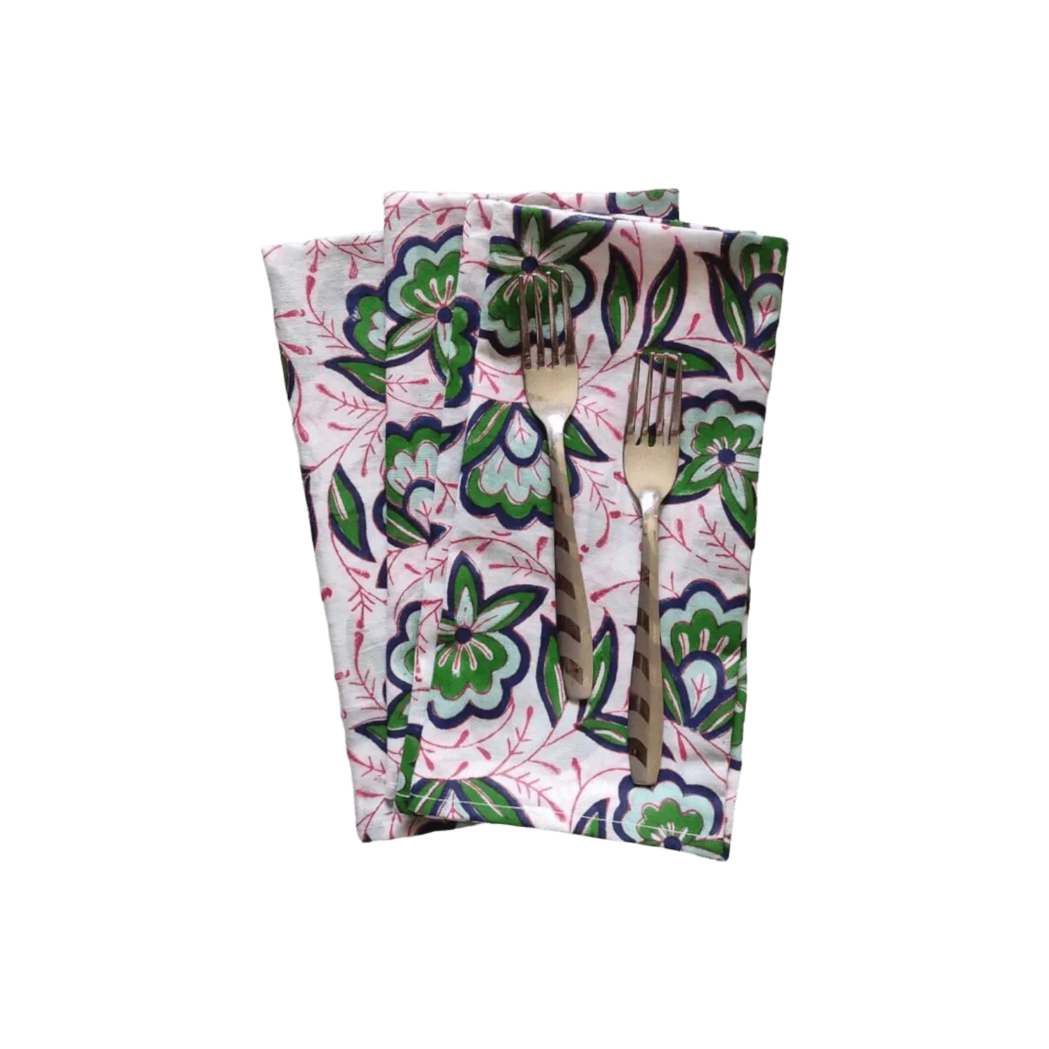 Pink and Green Floral Block Printed Cotton Napkins