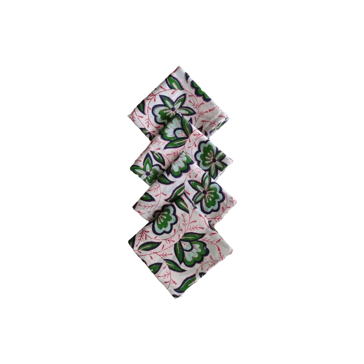 Pink and Green Floral Block Printed Cotton Napkins