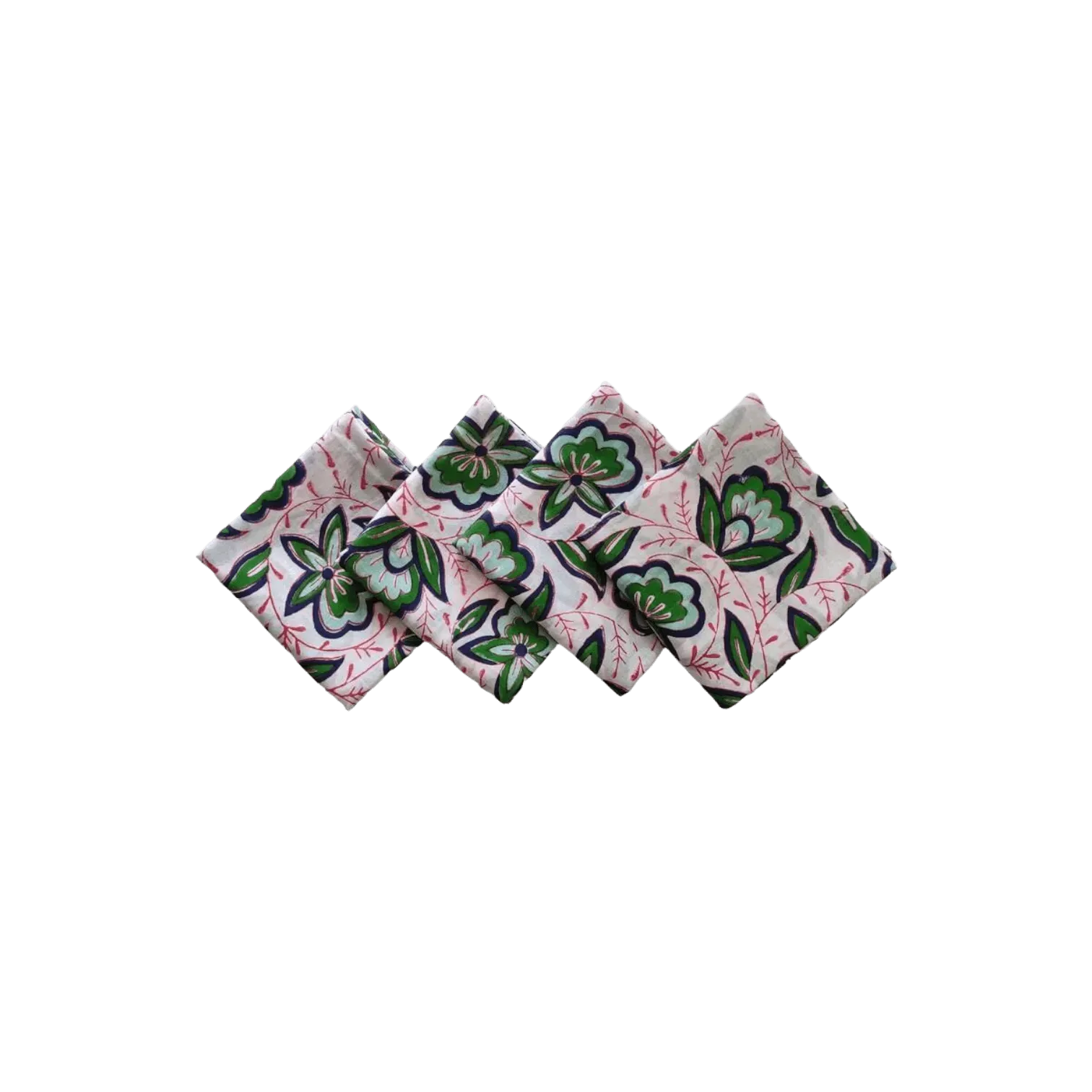 Pink and Green Floral Block Printed Cotton Napkins