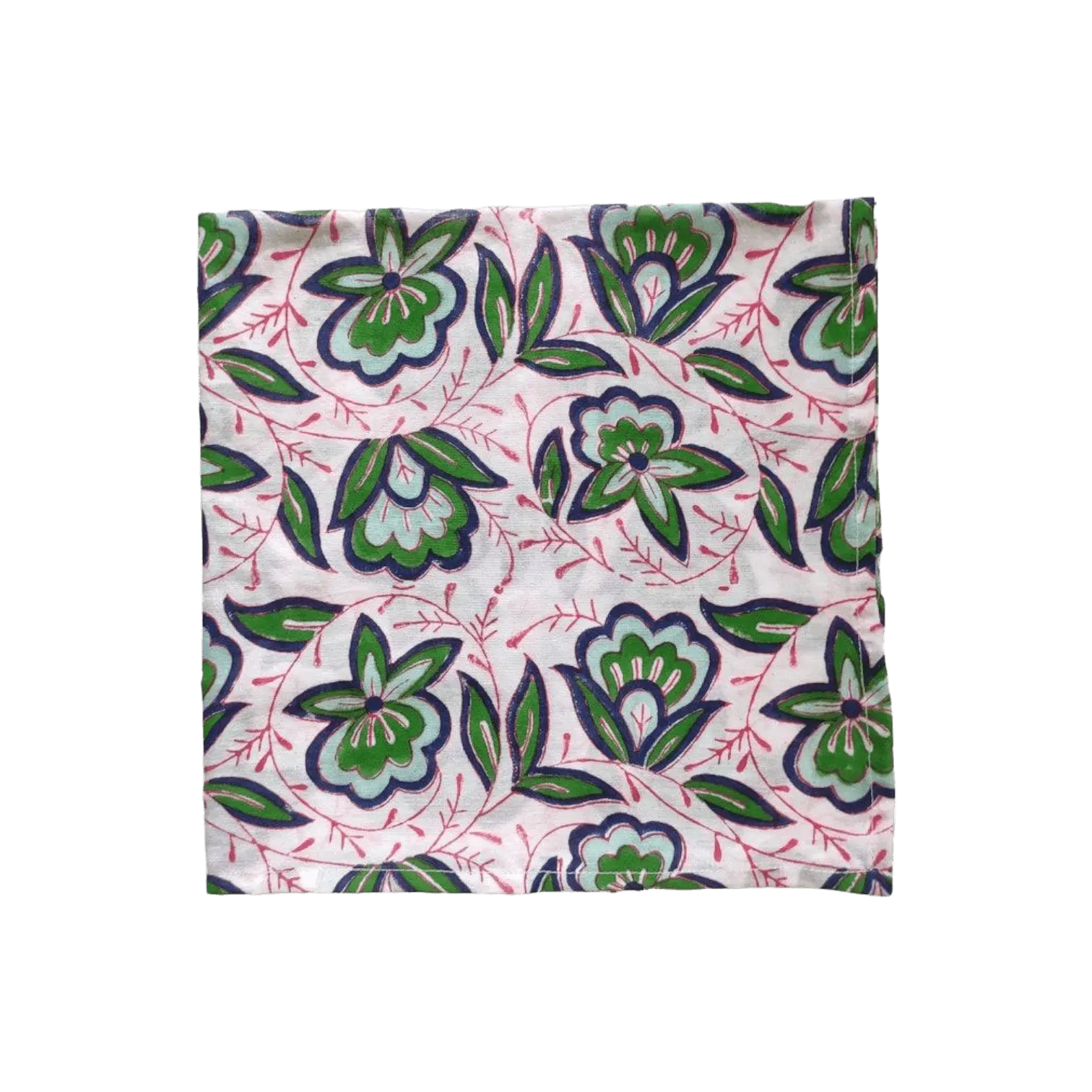Pink and Green Floral Block Printed Cotton Napkins