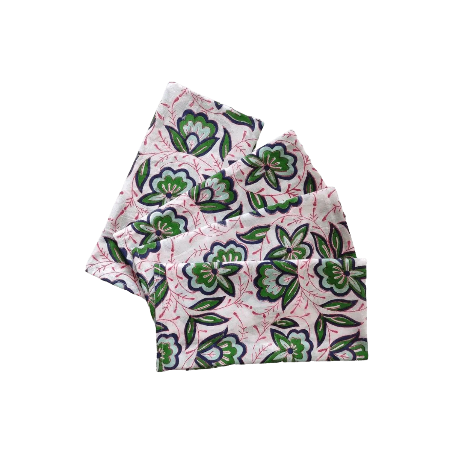 Pink and Green Floral Block Printed Cotton Napkins