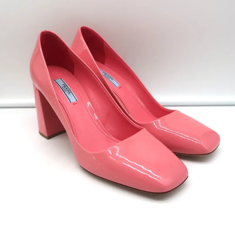 Prada Square Toe Pumps Pink Patent Leather Size 38.5 NEW