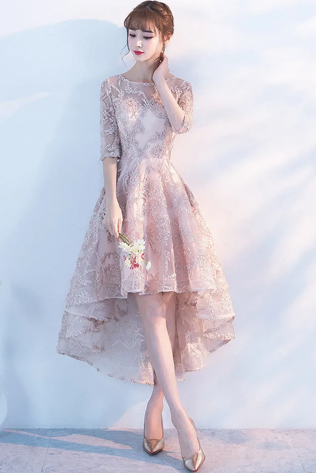 Princess A-Line Lace High Low Half Sleeves Homecoming Dresses OKC96