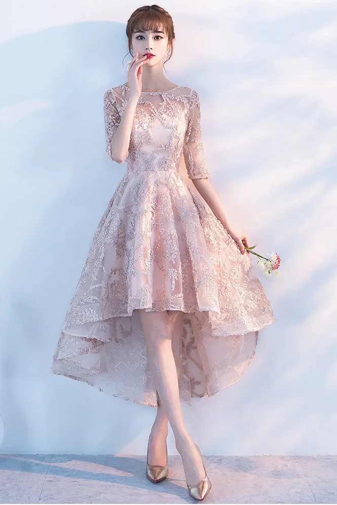 Princess A-Line Lace High Low Half Sleeves Homecoming Dresses OKC96