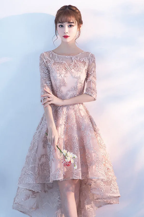 Princess A-Line Lace High Low Half Sleeves Homecoming Dresses OKC96