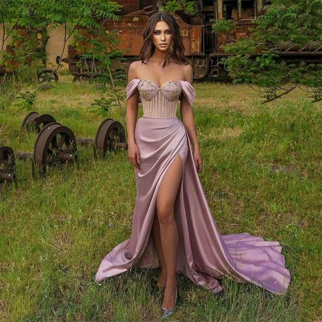 Prom Party Dresses High Split Beads Sequined Purple