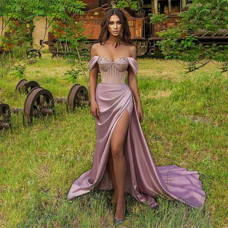 Prom Party Dresses High Split Beads Sequined Purple