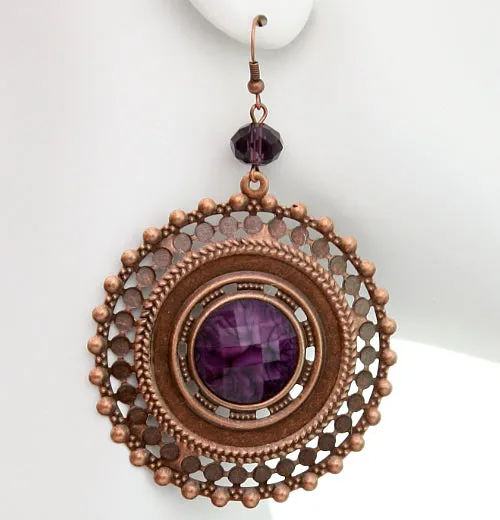 Purple Beaded Rose Gold Cutout Earrings