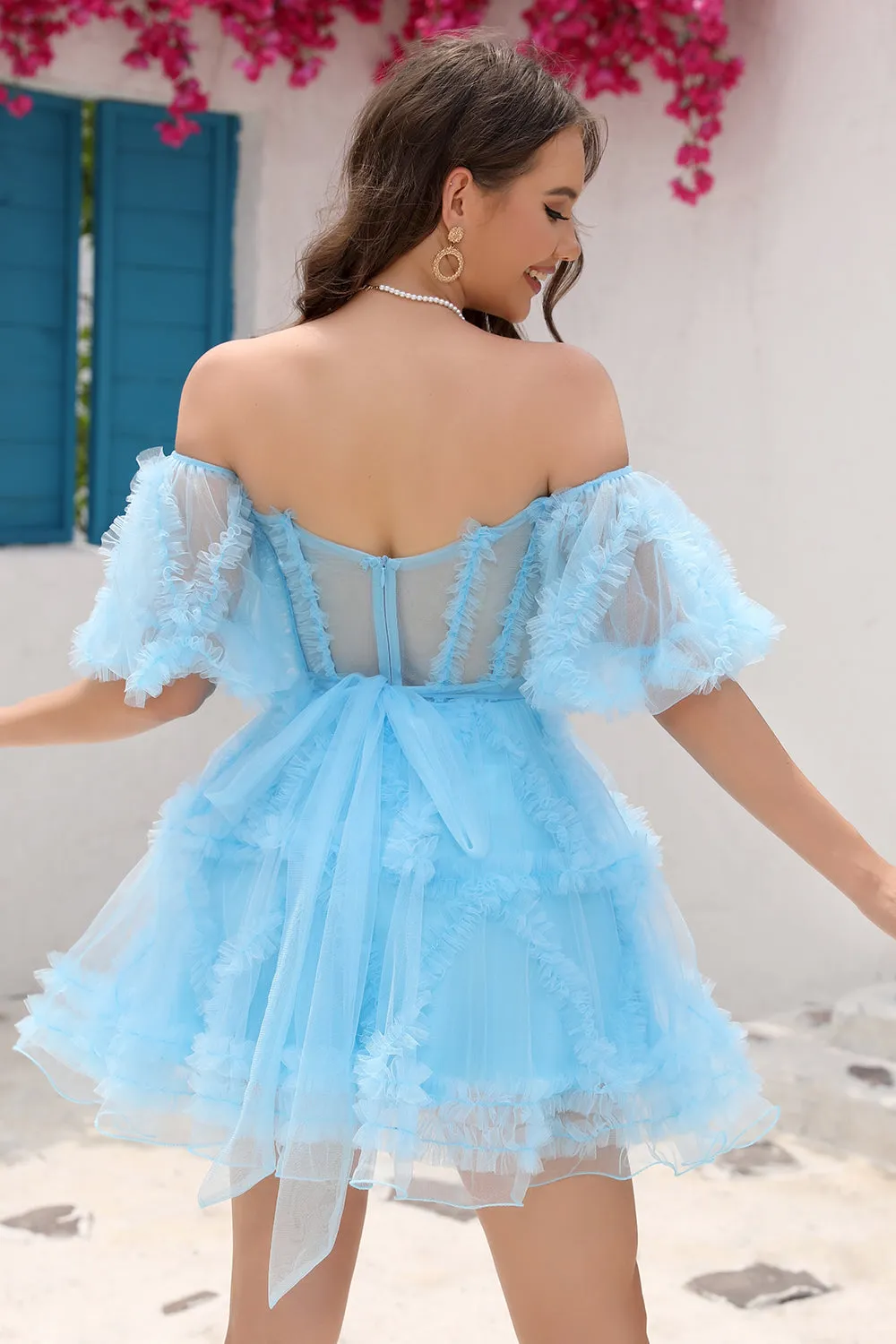 Purple Stylish A Line Off the Shoulder Tulle Corset Homecoming Dress