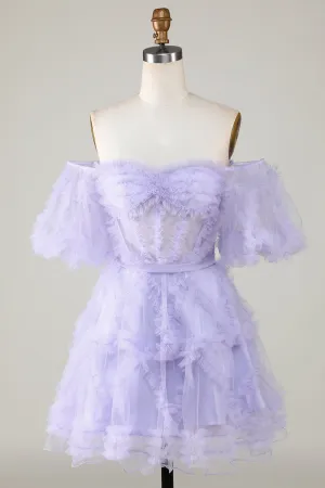 Purple Stylish A Line Off the Shoulder Tulle Corset Homecoming Dress