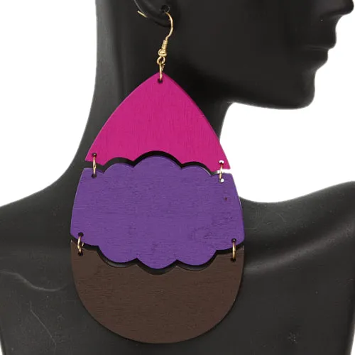 Purple Wooden Link Colorblock Teardrop Earrings