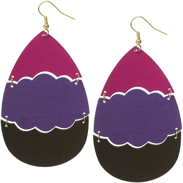Purple Wooden Link Colorblock Teardrop Earrings