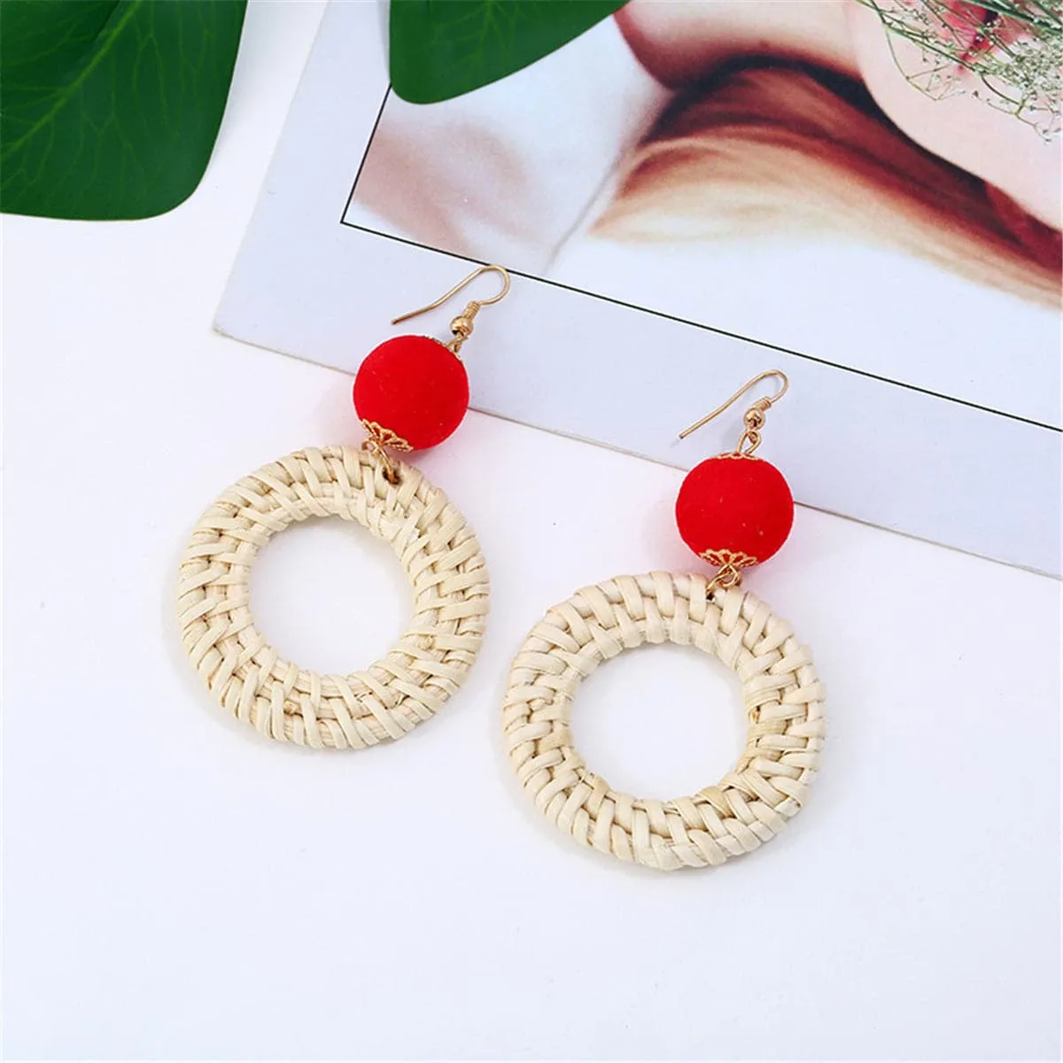 Red Polyster & Rattan Open Circle Drop Earrings