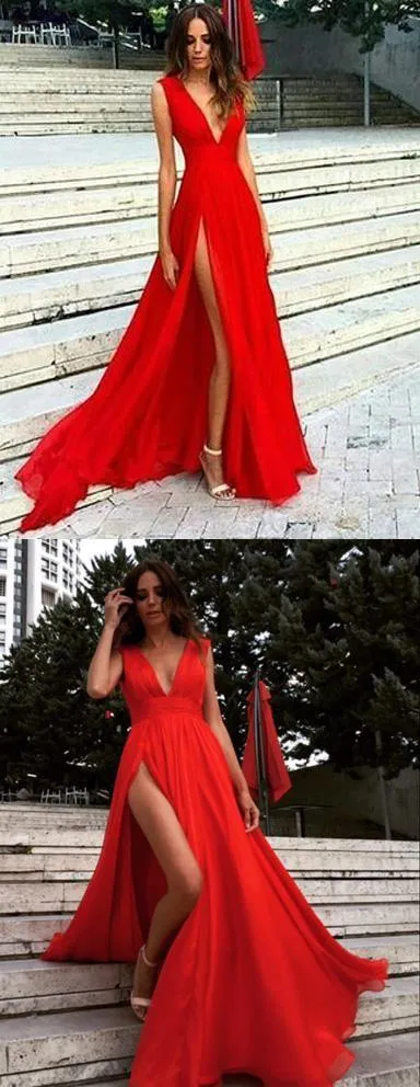 Red Split Prom Dresses V Neck Chiffon Sexy Evening Dresses TP0142