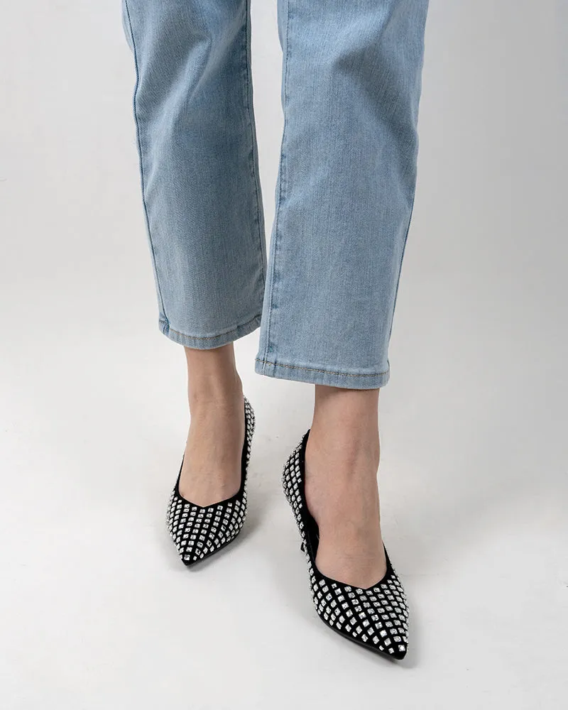 Rhinestone Decor Pointed Toe Black Stiletto Pumps